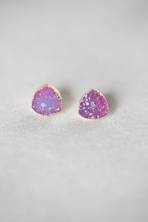 Flat Triangle Magenta Druzy Earrings