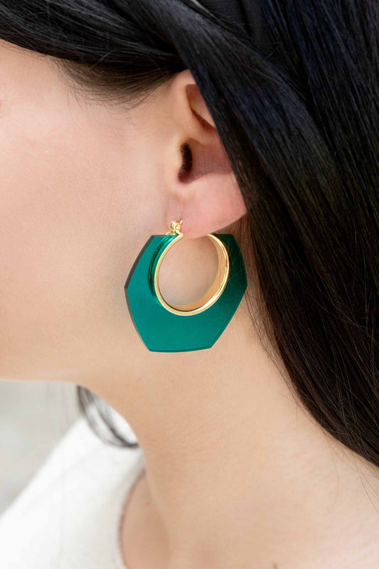 Angled Clear Hoop Earrings I Hunter Green