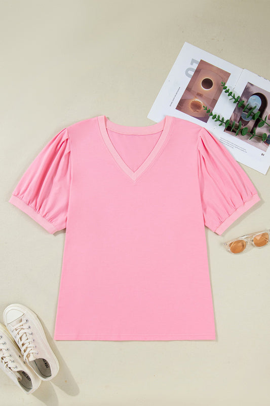 Plus Size Solid V-Neck Pleated Puff Sleeve Blouse