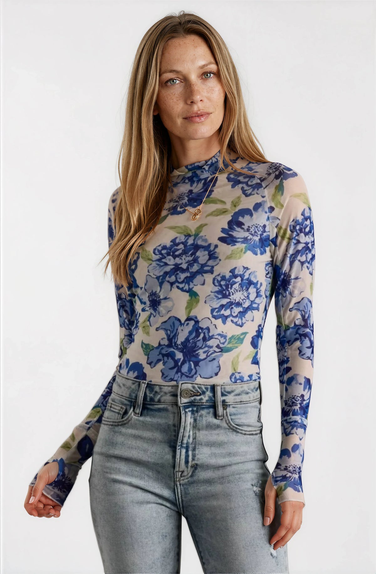 Blue, White & Green Floral Mesh Top