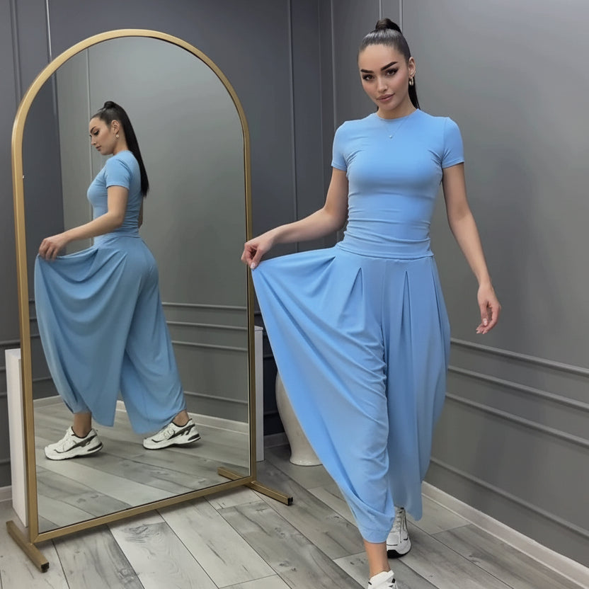 Women's Short Sleeve Fitted Tee & Wide-Leg Harem Pants Set