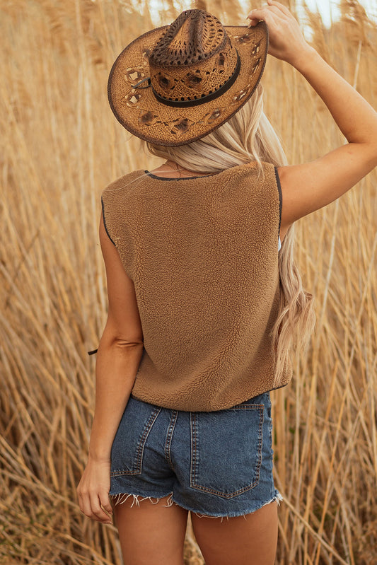 Contrast Trim Sherpa Tie-Front Vest