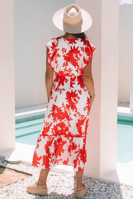 Scarlett Floral Trimmed V Neck Ruffle Sleeve Long Dress
