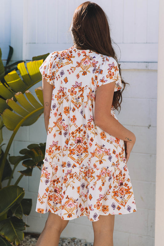 Marigold Floral Ruffled Trim Flutter Sleeve Dress