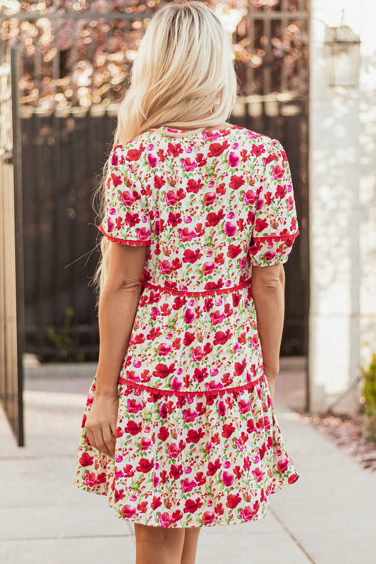 Floral Ricrac Puff Sleeve Pocketed Tiered Mini Dress