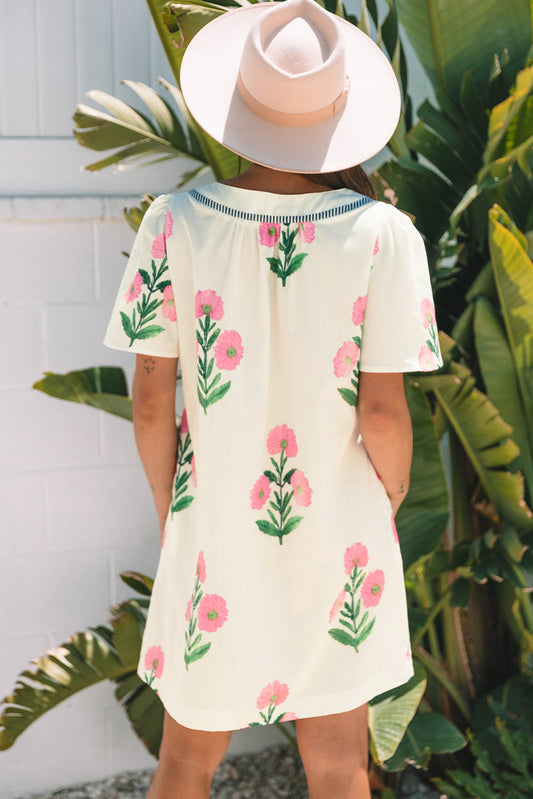 Paloma Floral Short Sleeve Split Neck Loose Mini Dress
