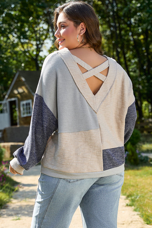 Plus Size Textured Patchwork Long Sleeve V-Neck Top
