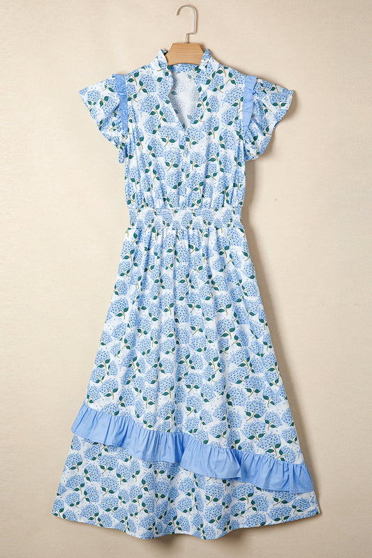 Floral Hydrangea Ruffle Flutter Sleeve Maxi Dress