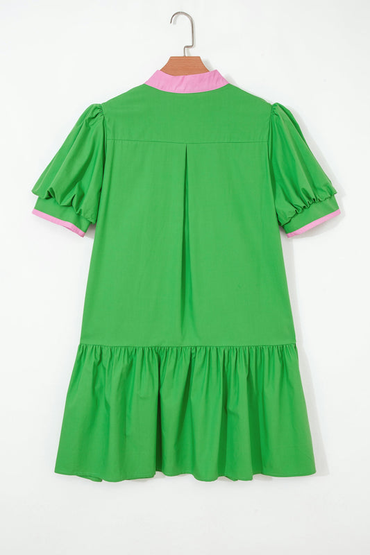 Colorblock Split Neck Puff Sleeve Mini Dress