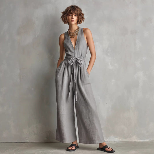 Women's Elegant V-Neck Sleeveless Commuter Jumpsuit