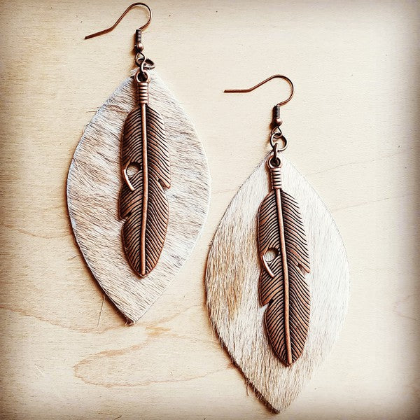 Leather Oval Earrings In Hair With Copper Feather | Modern Boutique Fashion