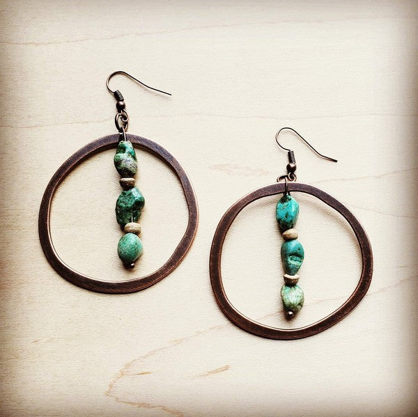 Copper Hoop Earrings W/ Natural Turquoise And Wood | Modern Boutique Fashion