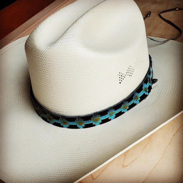 Blue Navajo Embossed Leather Hat Band | Modern Boutique Fashion