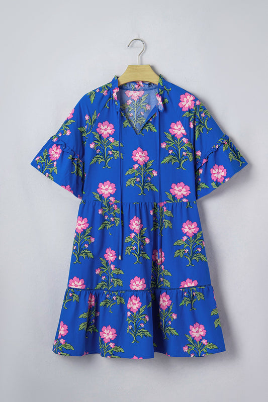 Floral Tie V-Neck Short Sleeve Mini Dress