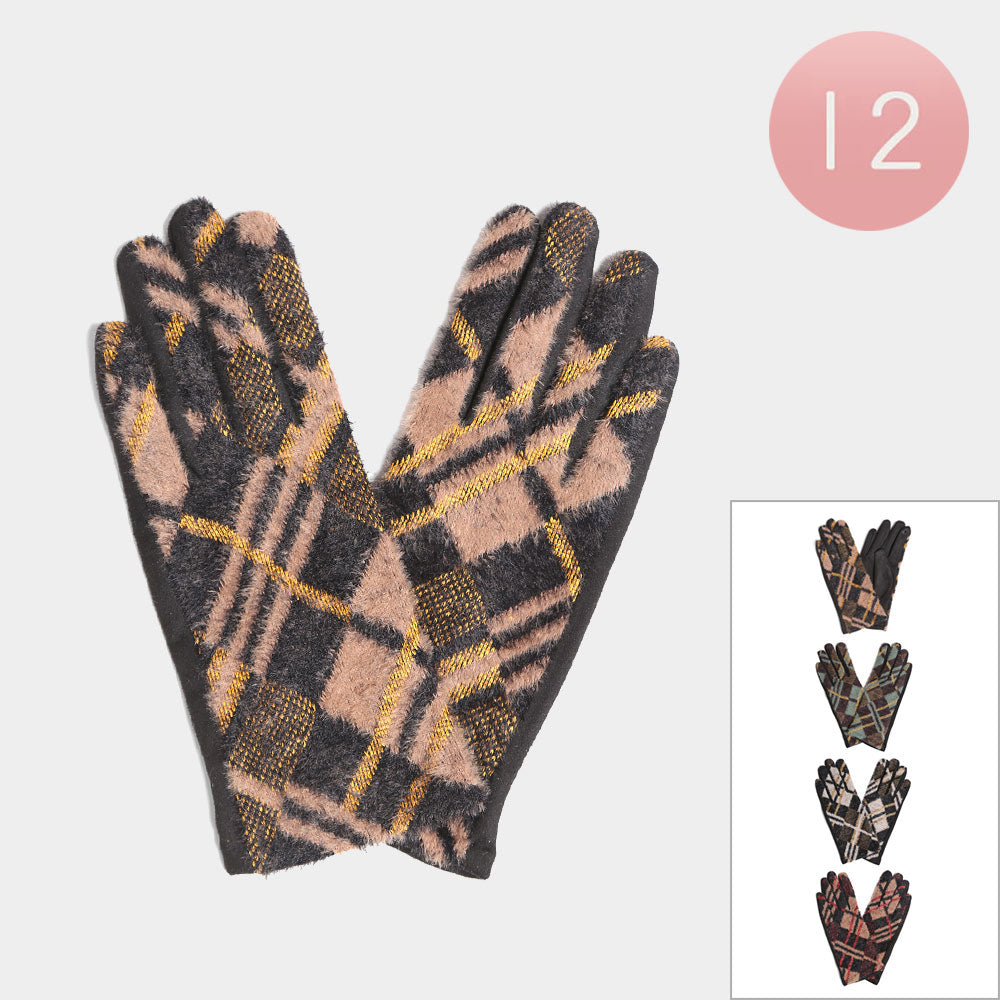 12Pairs - Lurex Plaid Check Patterned Touch Smart Winter Gloves