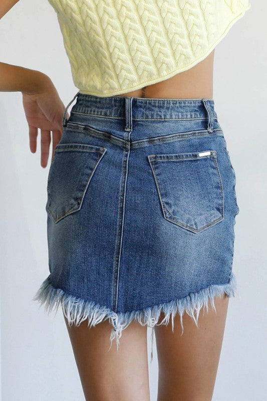 High Waist Long Frayed Hem Mini Denim Skirt | Modern Boutique Fashion