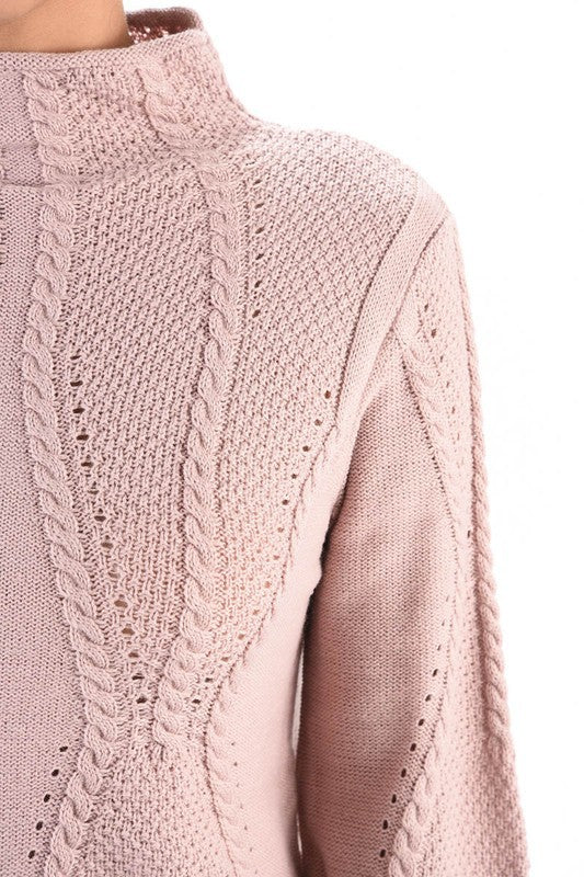 Mock Neck Cable Knitted Tunic Pullover Sweater | Modern Boutique Fashion