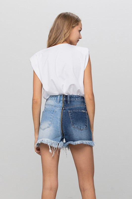Zip Code Two Tone Premium Denim Shorts | Modern Boutique Fashion