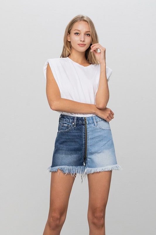 Zip Code Two Tone Premium Denim Shorts | Modern Boutique Fashion