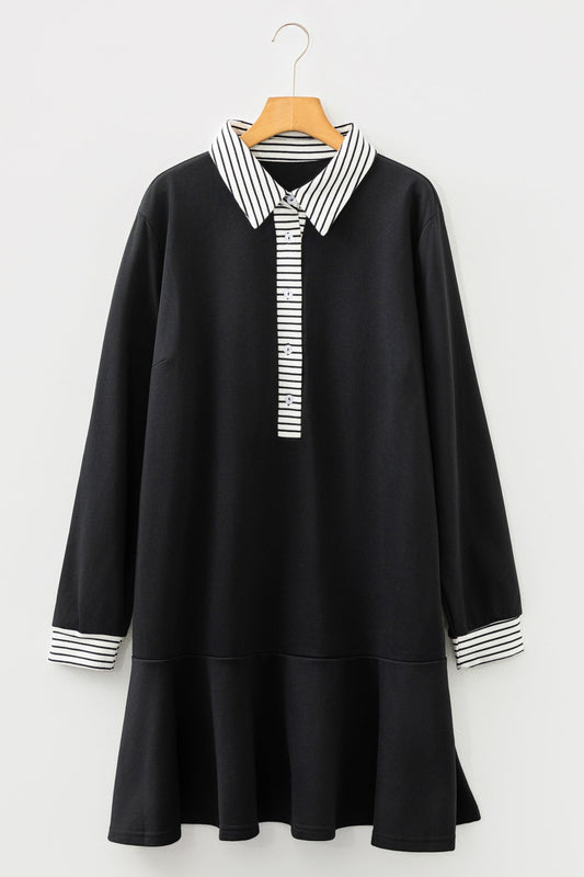Plus Size Stripe Cuffs Collared Ruffle Hem Dress