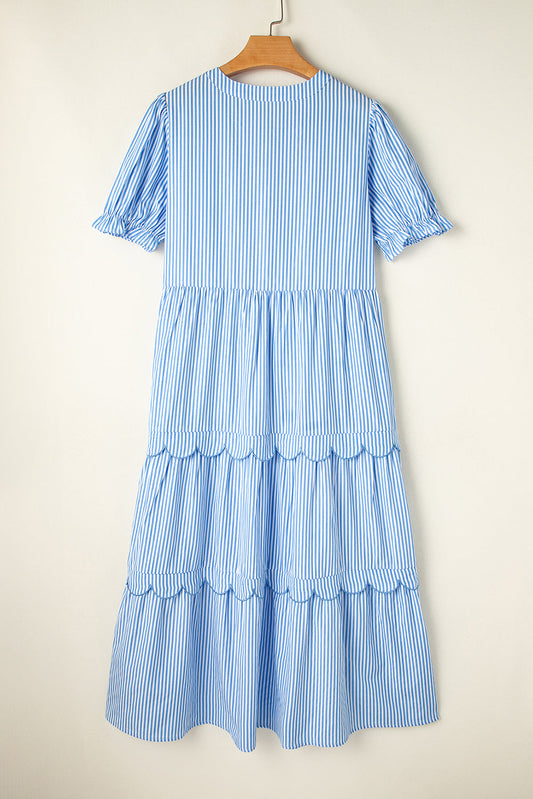 Stripe Bubble Short Sleeve Tiered Scallop Dress