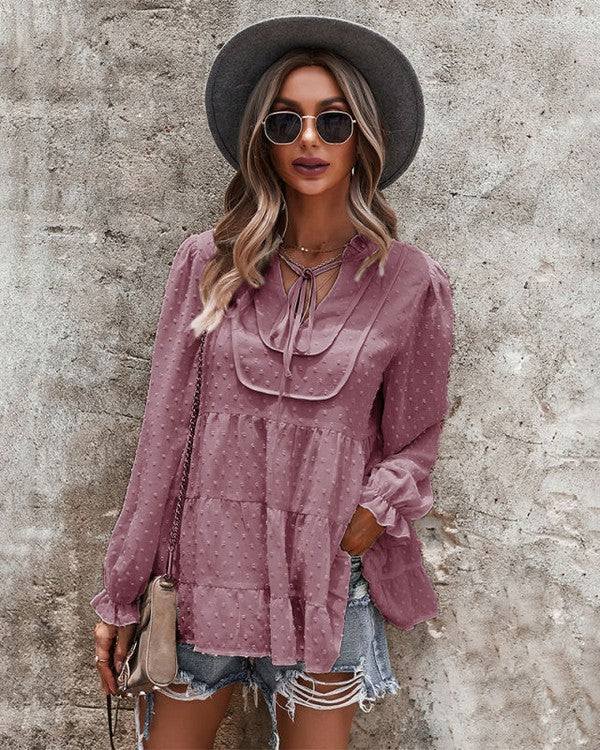 Dotted Tiered Long Sleeve Top