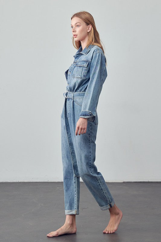 Belted Collared Button Front Denim Jumpsuit | Modern Boutique Fashion