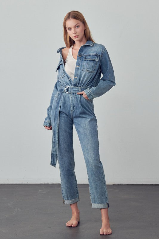 Belted Collared Button Front Denim Jumpsuit | Modern Boutique Fashion