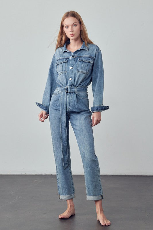 Belted Collared Button Front Denim Jumpsuit | Modern Boutique Fashion