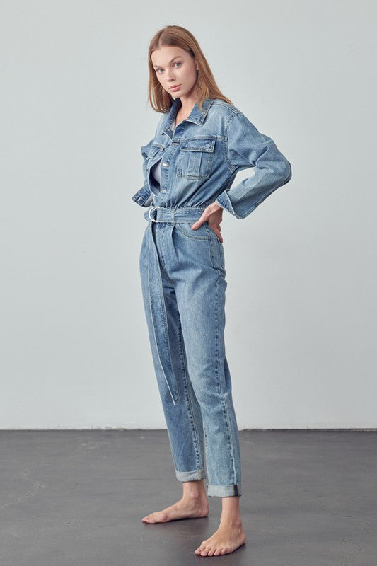 Belted Collared Button Front Denim Jumpsuit | Modern Boutique Fashion