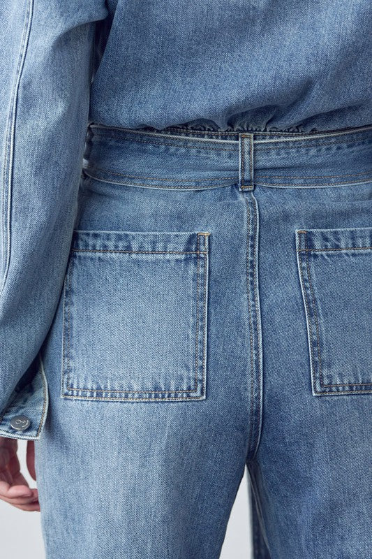 Belted Collared Button Front Denim Jumpsuit | Modern Boutique Fashion
