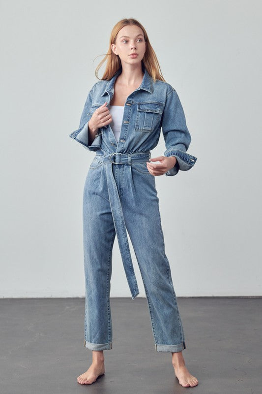 Belted Collared Button Front Denim Jumpsuit | Modern Boutique Fashion