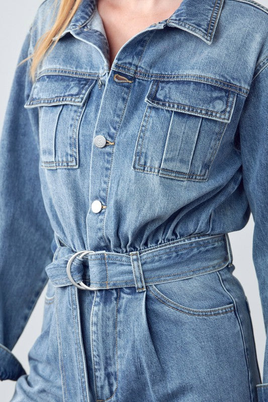 Belted Collared Button Front Denim Jumpsuit | Modern Boutique Fashion