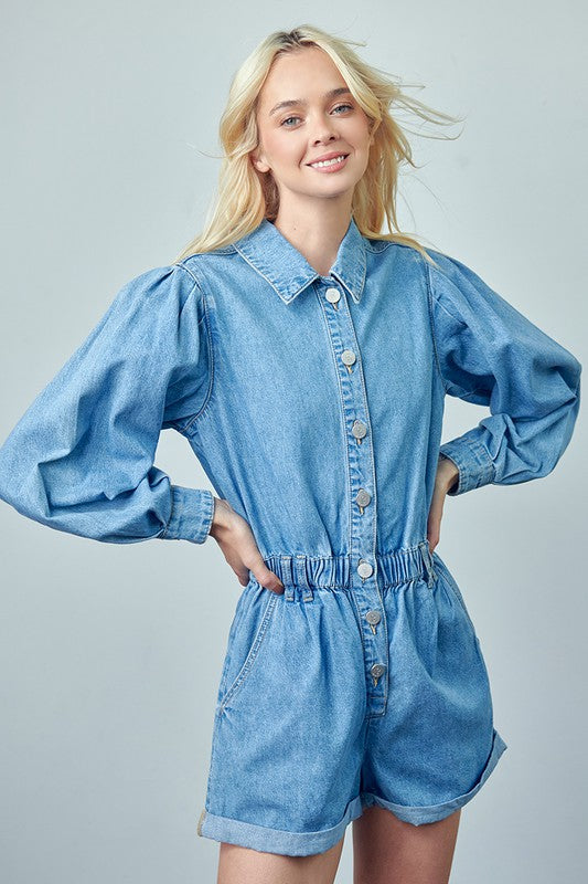 Vintage Roll Up Denim Short Romper | Modern Boutique Fashion