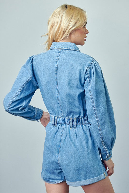 Vintage Roll Up Denim Short Romper | Modern Boutique Fashion