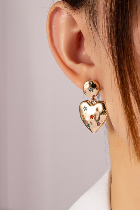 A212 Puffy Heart Earrings With Rhinestones Stars | Modern Boutique Fashion