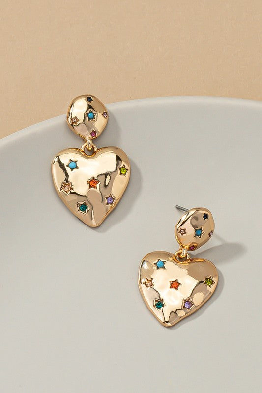 A212 Puffy Heart Earrings With Rhinestones Stars | Modern Boutique Fashion