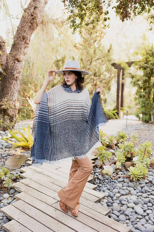 Herringbone Tweed Hooded Frayed Edge Poncho | Modern Boutique Fashion