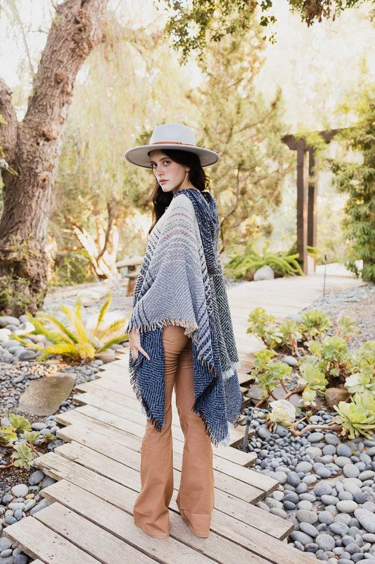 Herringbone Tweed Hooded Frayed Edge Poncho | Modern Boutique Fashion