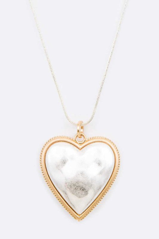 Classic Hammered 2 Tone Heart Pendant Necklace Set