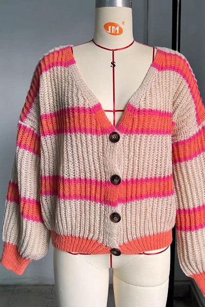 Striped Ribbed Knit Button Front Cardigan