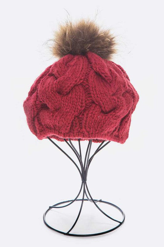 Large Fur Pom Cable Knit Beret Beanie | Modern Boutique Fashion