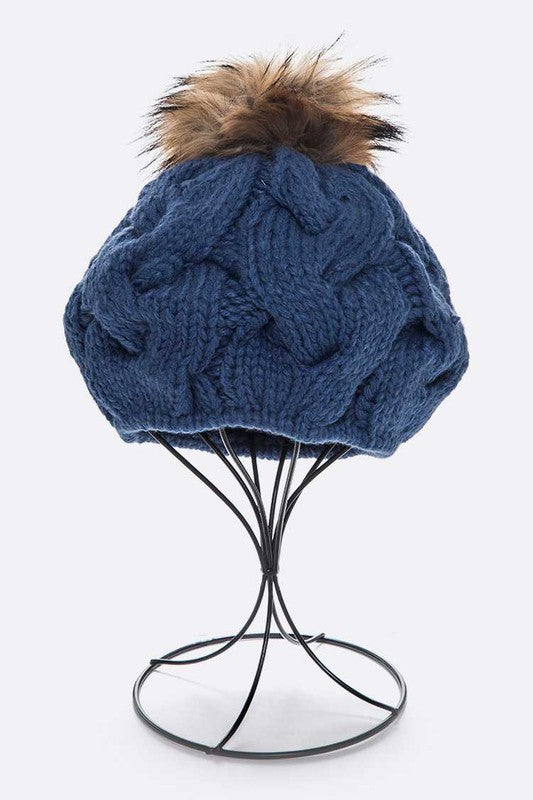Large Fur Pom Cable Knit Beret Beanie | Modern Boutique Fashion