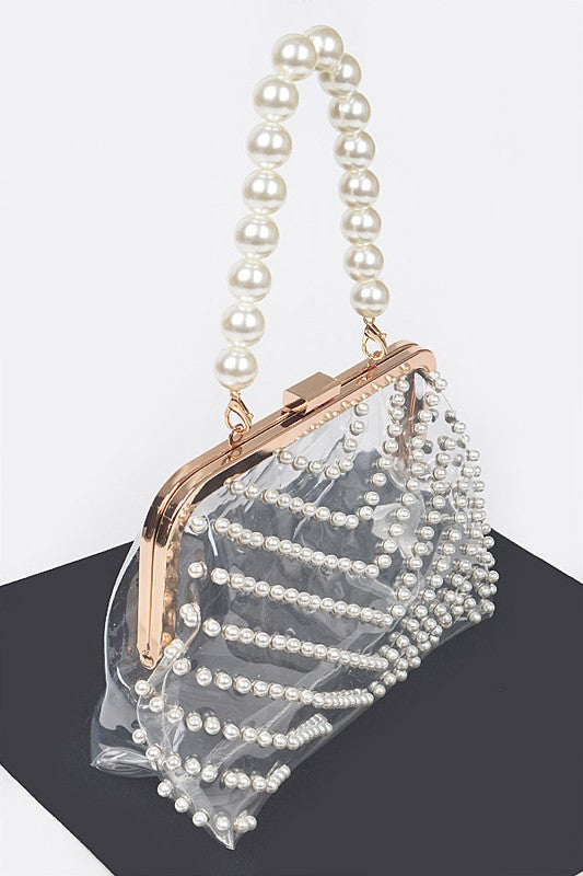 Pearl Studs Handle Cleared Transparent Clutch | Modern Boutique Fashion