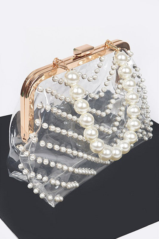 Pearl Studs Handle Cleared Transparent Clutch | Modern Boutique Fashion