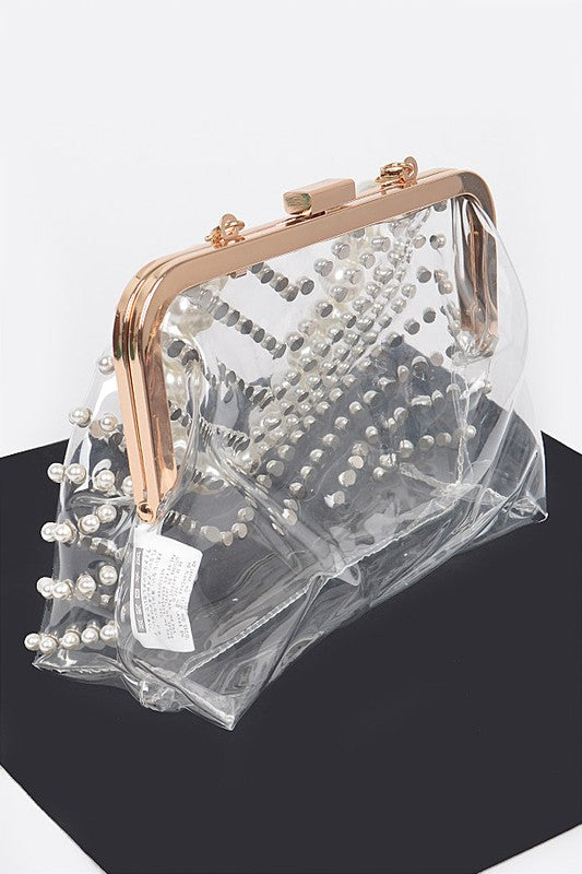 Pearl Studs Handle Cleared Transparent Clutch | Modern Boutique Fashion