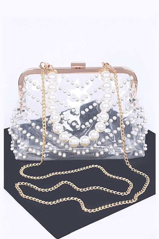 Pearl Studs Handle Cleared Transparent Clutch | Modern Boutique Fashion