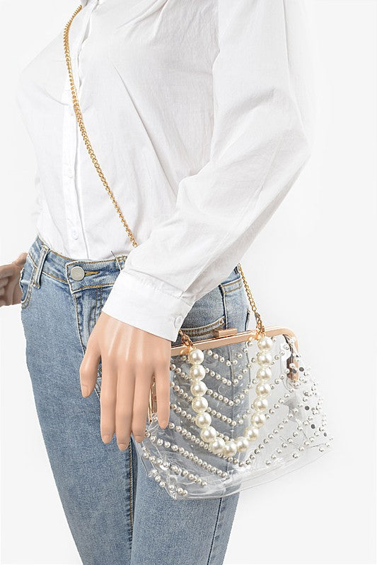 Pearl Studs Handle Cleared Transparent Clutch | Modern Boutique Fashion