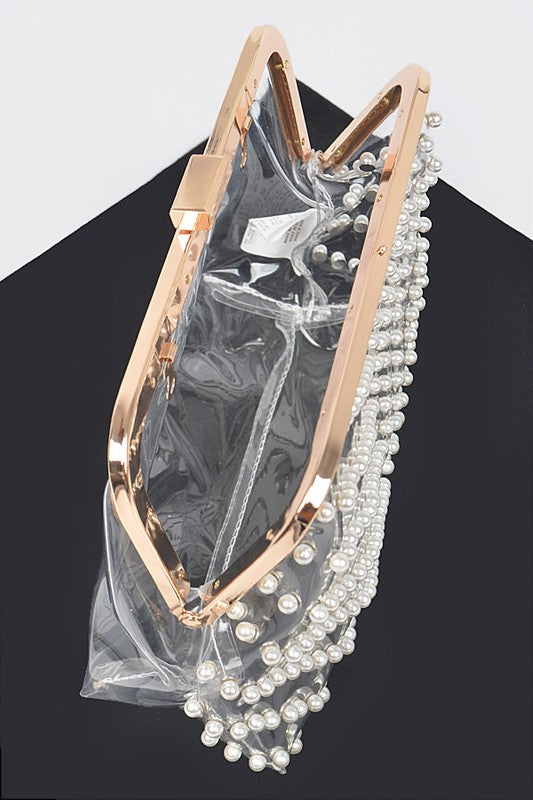 Pearl Studs Handle Cleared Transparent Clutch | Modern Boutique Fashion