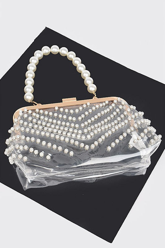 Pearl Studs Handle Cleared Transparent Clutch | Modern Boutique Fashion
